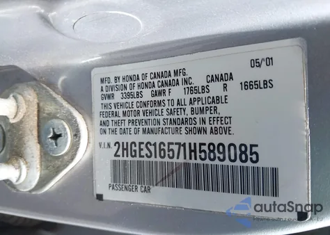 2001 Honda Civic Lx from USA, damaged, VIN 2HGES16571H589085